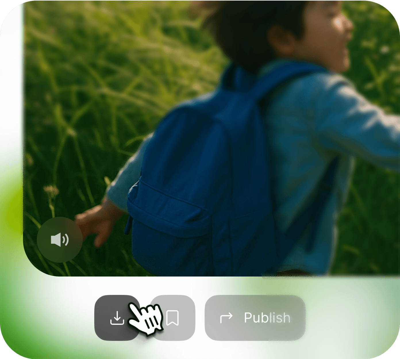 I-generated video preview from Sora 2.0 showing a young child running joyfully with a blue backpack through a green meadow, created from a text prompt.